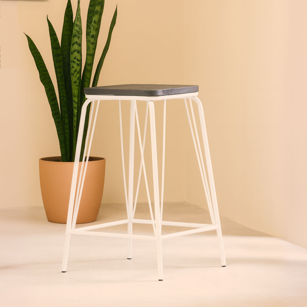 District White Metal & Elm Wood Stool