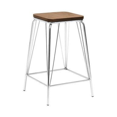 District Chrome Metal & Elm Wood Square Bar Stool