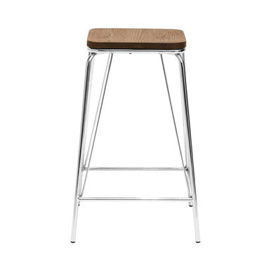 District Chrome Metal & Elm Wood Square Bar Stool