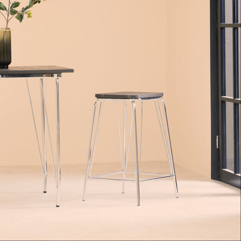 District Chrome Metal & Elm Wood Square Bar Stool