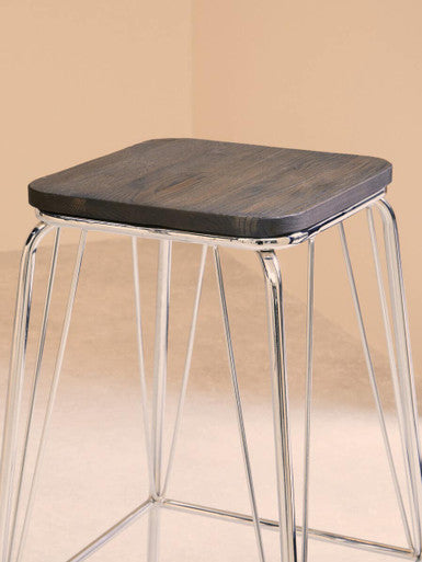 District Chrome Metal & Elm Wood Square Bar Stool