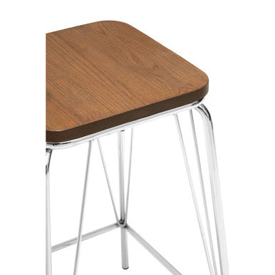 District Chrome Metal & Elm Wood Square Bar Stool