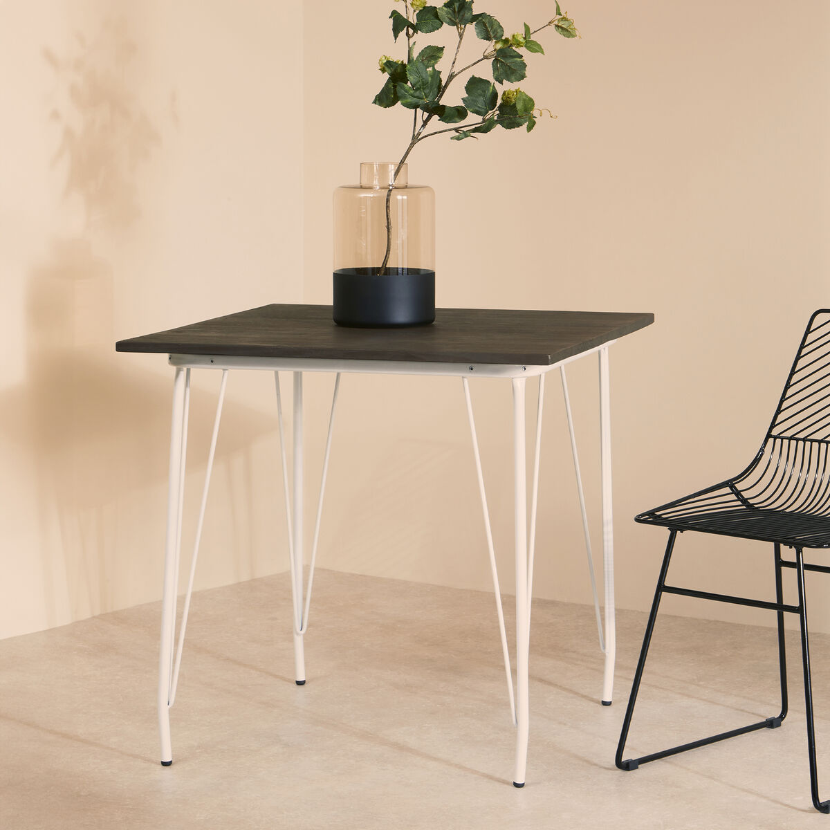 White Metal Legs & Brown Elm Wood Top Square Dining Table, District