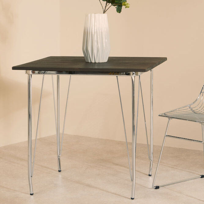 Silver Chrome Metal Legs & Brown Elm Wood Top Table, District