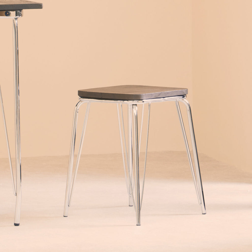 District Chrome Metal & Elm Small Wood Stool
