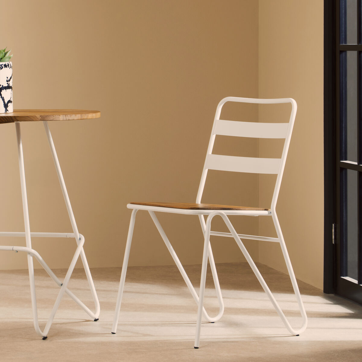 District White Metal & Elm Wood Chair