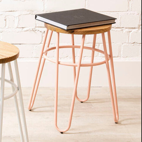 District Pink Metal & Elm Wood Hairpin Stool