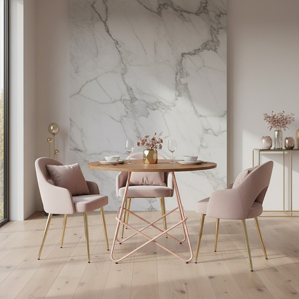 Pink Metal Legs & Natural Elm Wood Top Round Dining Table, District