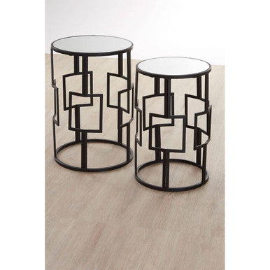 Set Of 2 Black Square Metal Frames Nesting Tables With Mirrored Tops, Avantis