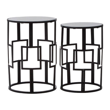 Set Of 2 Black Square Metal Frames Nesting Tables With Mirrored Tops, Avantis