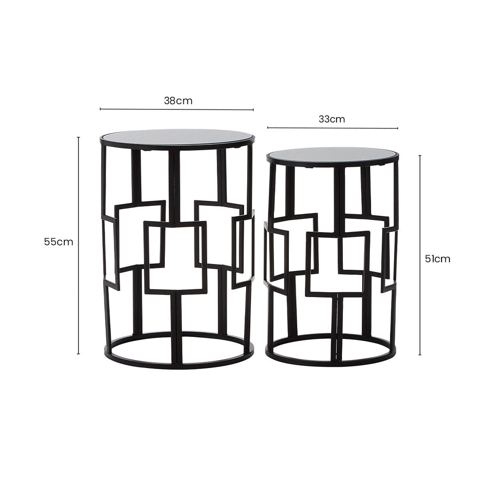 Set Of 2 Black Square Metal Frames Nesting Tables With Mirrored Tops, Avantis