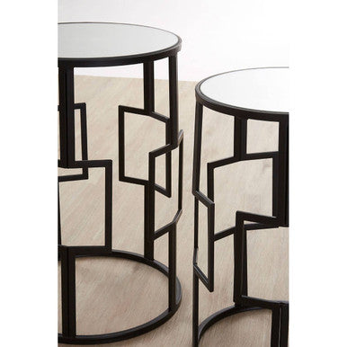 Set Of 2 Black Square Metal Frames Nesting Tables With Mirrored Tops, Avantis