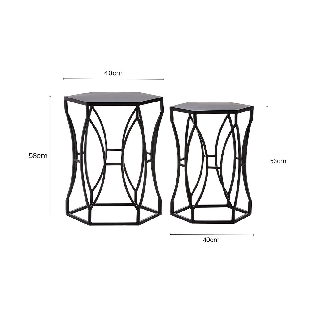 Set Of 2 Black Metal Hexagon Top Side Tables With Geometric Industrial Frame, Avantis