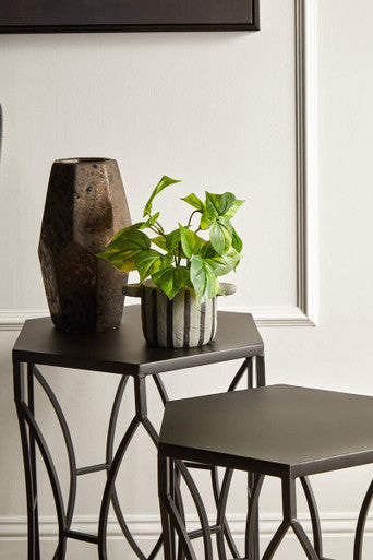 Set Of 2 Black Metal Hexagon Top Side Tables With Geometric Industrial Frame, Avantis