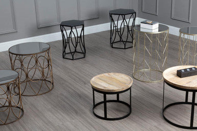 Set Of 2 Black Metal Hexagon Top Side Tables With Geometric Industrial Frame, Avantis