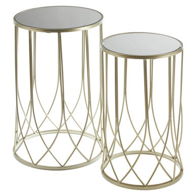 Set Of 2 Champagne Gold Mirror Top Side Tables With Metal Bases, Avantis
