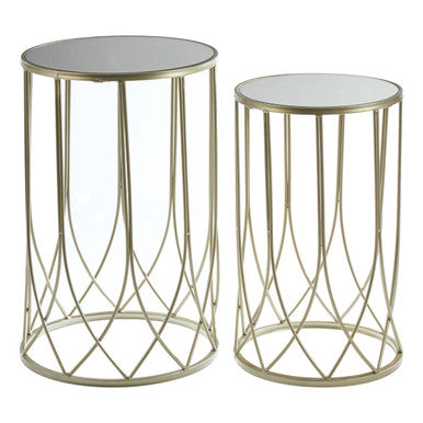 Set Of 2 Champagne Gold Mirror Top Side Tables With Metal Bases, Avantis