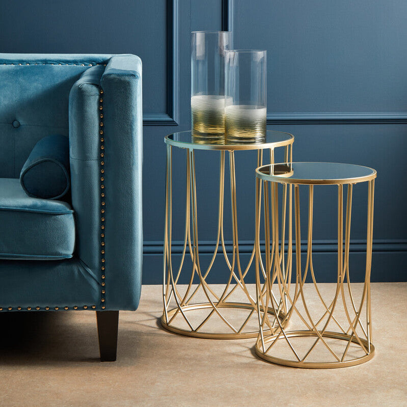 Set Of 2 Champagne Gold Mirror Top Side Tables With Metal Bases, Avantis