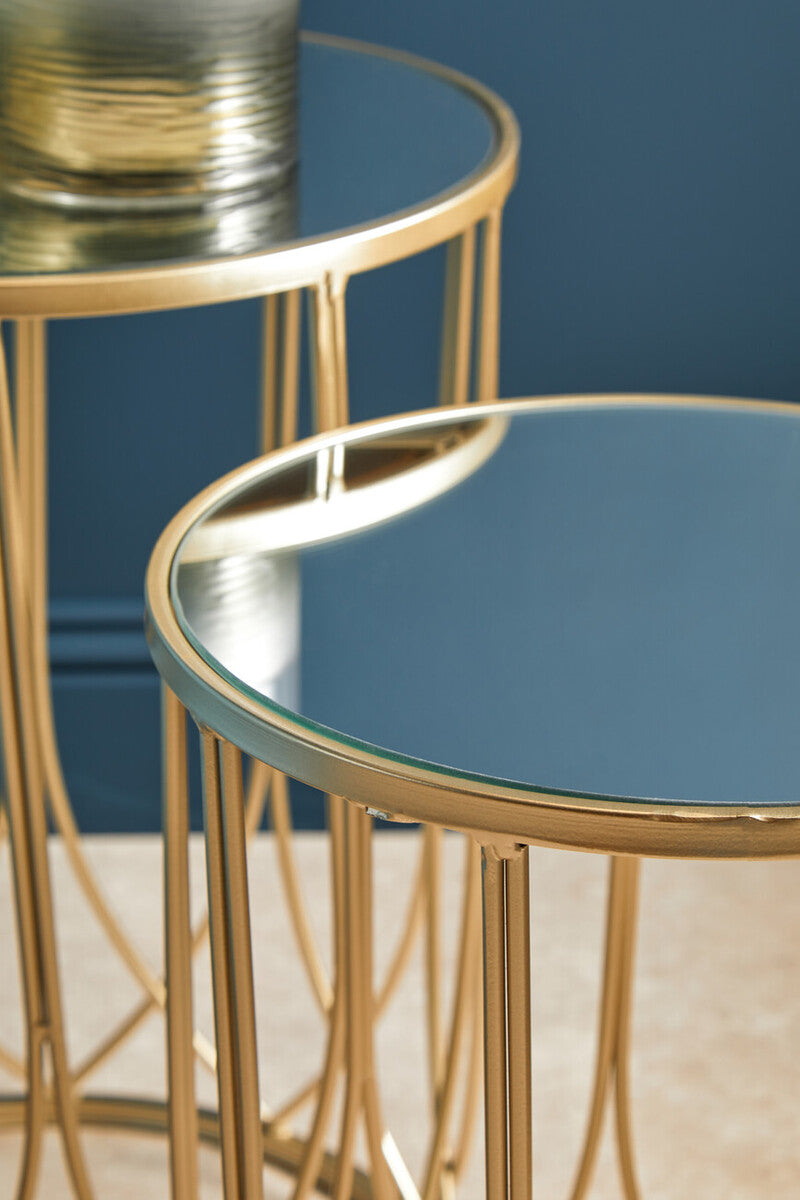 Set Of 2 Champagne Gold Mirror Top Side Tables With Metal Bases, Avantis