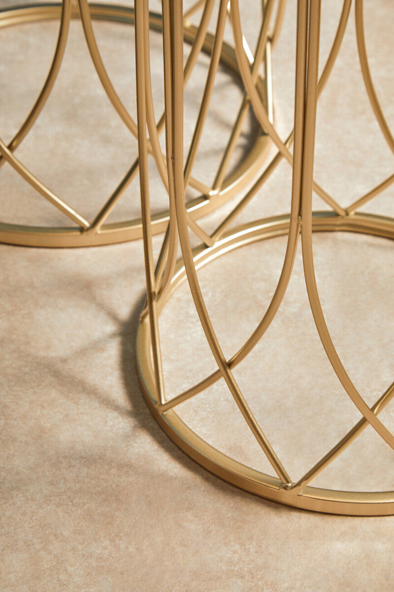 Set Of 2 Champagne Gold Mirror Top Side Tables With Metal Bases, Avantis