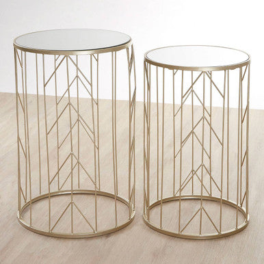Art Deco Set Of Two Champagne Metal Base Side Tables With Reflective Mirrored Tops, Avantis