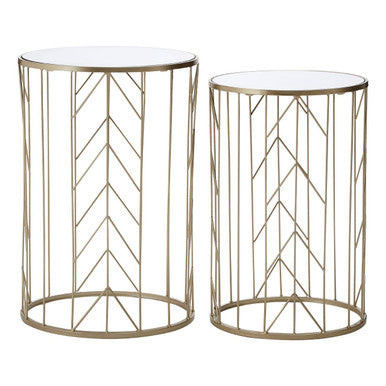 Art Deco Set Of Two Champagne Metal Base Side Tables With Reflective Mirrored Tops, Avantis