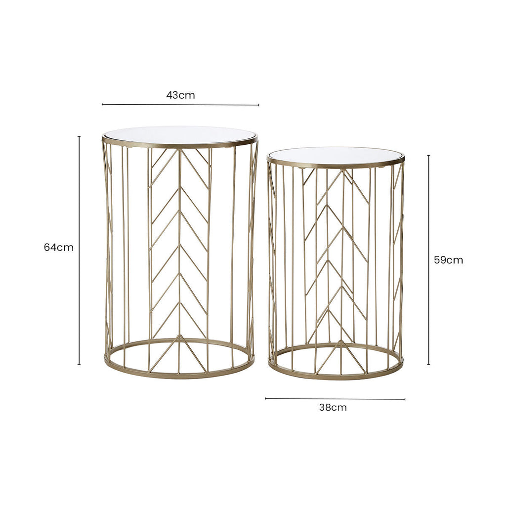 Art Deco Set Of Two Champagne Metal Base Side Tables With Reflective Mirrored Tops, Avantis