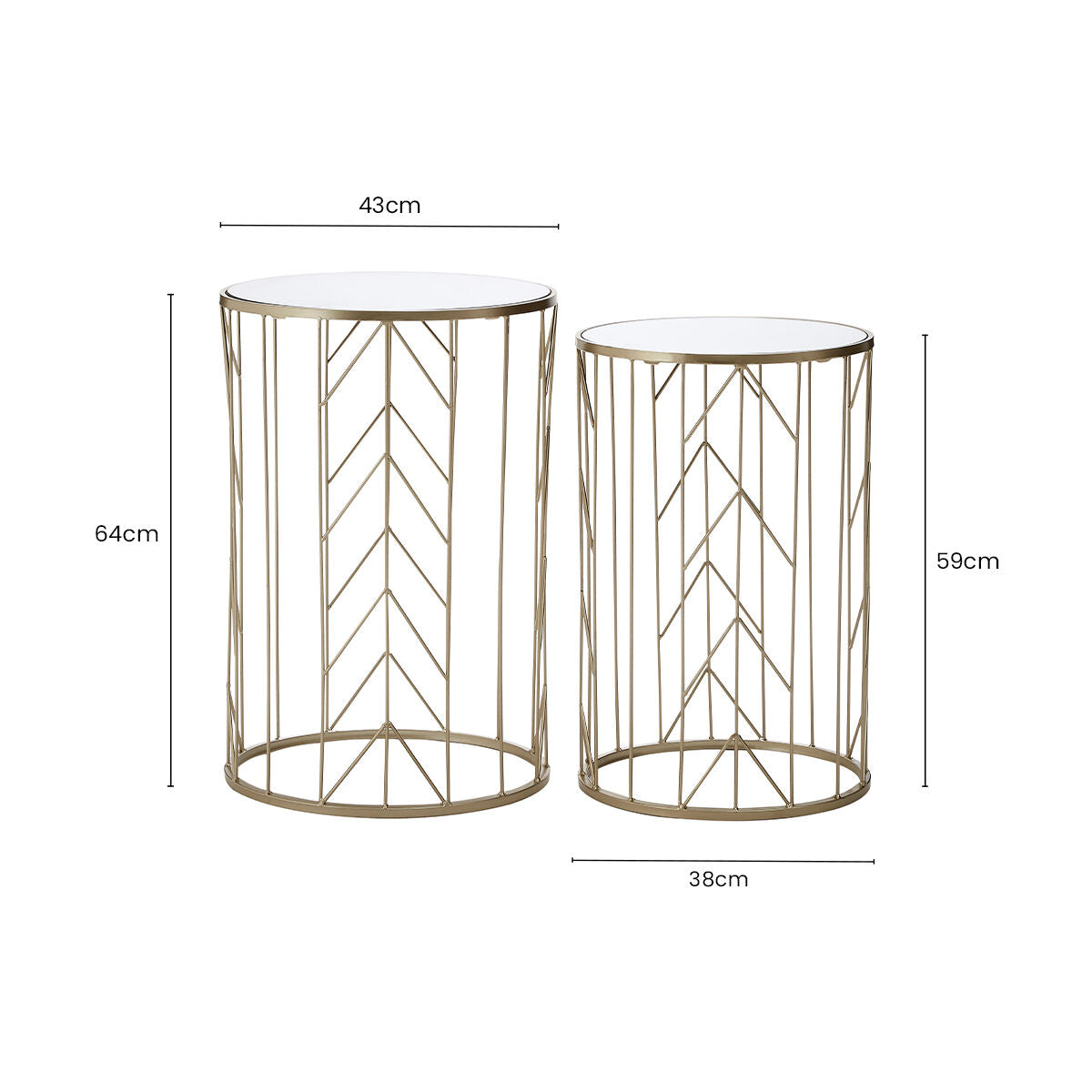 Art Deco Set Of Two Champagne Metal Base Side Tables With Reflective Mirrored Tops, Avantis