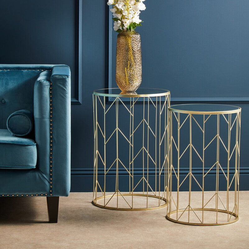 Art Deco Set Of Two Champagne Metal Base Side Tables With Reflective Mirrored Tops, Avantis