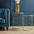 Art Deco Set Of Two Champagne Metal Base Side Tables With Reflective Mirrored Tops, Avantis