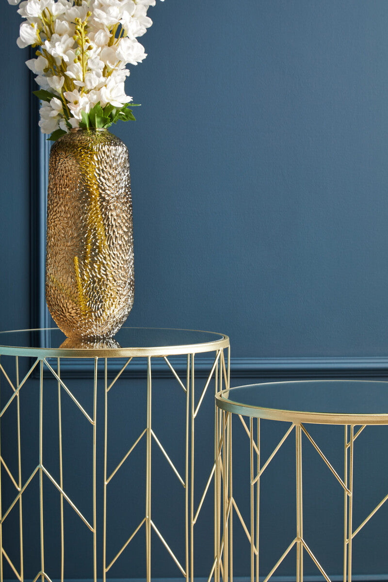Art Deco Set Of Two Champagne Metal Base Side Tables With Reflective Mirrored Tops, Avantis