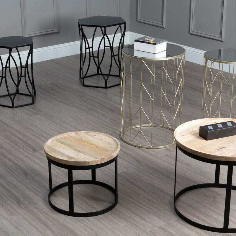Art Deco Set Of Two Champagne Metal Base Side Tables With Reflective Mirrored Tops, Avantis