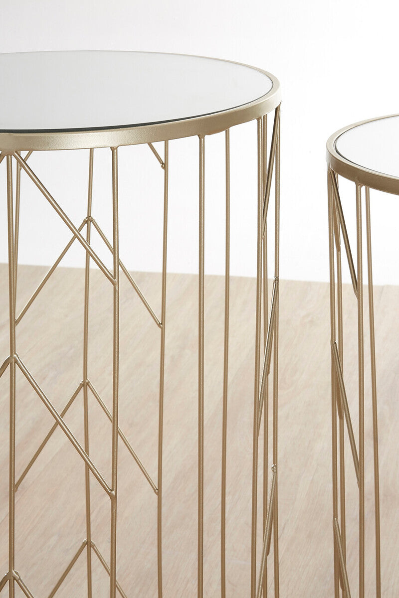 Art Deco Set Of Two Champagne Metal Base Side Tables With Reflective Mirrored Tops, Avantis