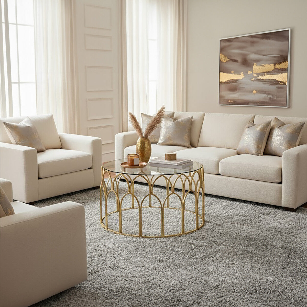 Round Glass Top & Gold Leaf Frame Coffee Table, Merlin