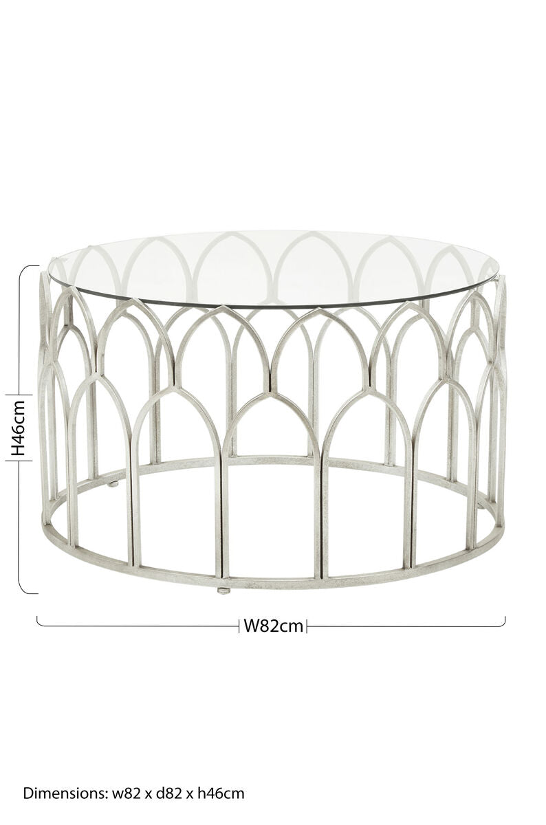 Round Glass Top & Silver Leaf Frame Coffee Table, Merlin