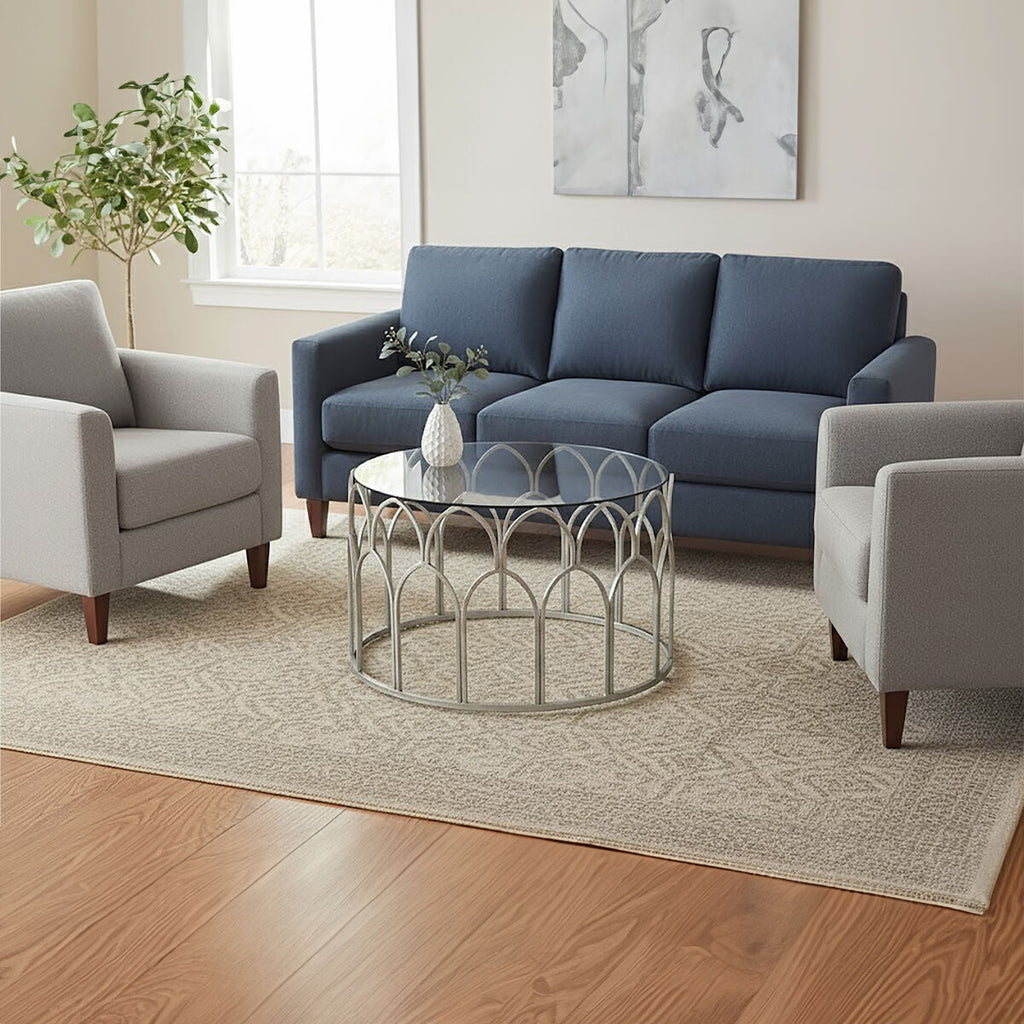 Round Glass Top & Silver Leaf Frame Coffee Table, Merlin