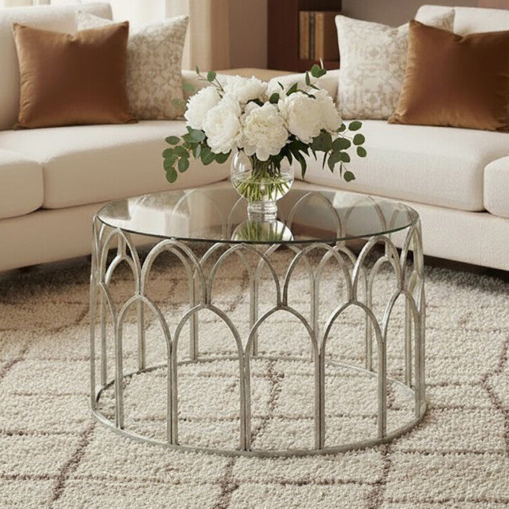 Round Glass Top & Silver Leaf Frame Coffee Table, Merlin