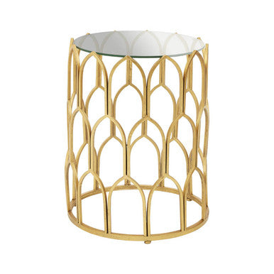 Gold Leaf Geometric Iron Side Table With Clear Tempered Glass Top, Merlin