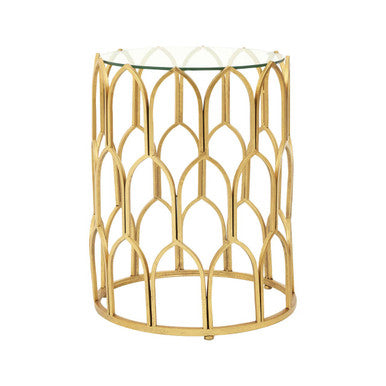 Gold Leaf Geometric Iron Side Table With Clear Tempered Glass Top, Merlin