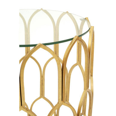 Gold Leaf Geometric Iron Side Table With Clear Tempered Glass Top, Merlin