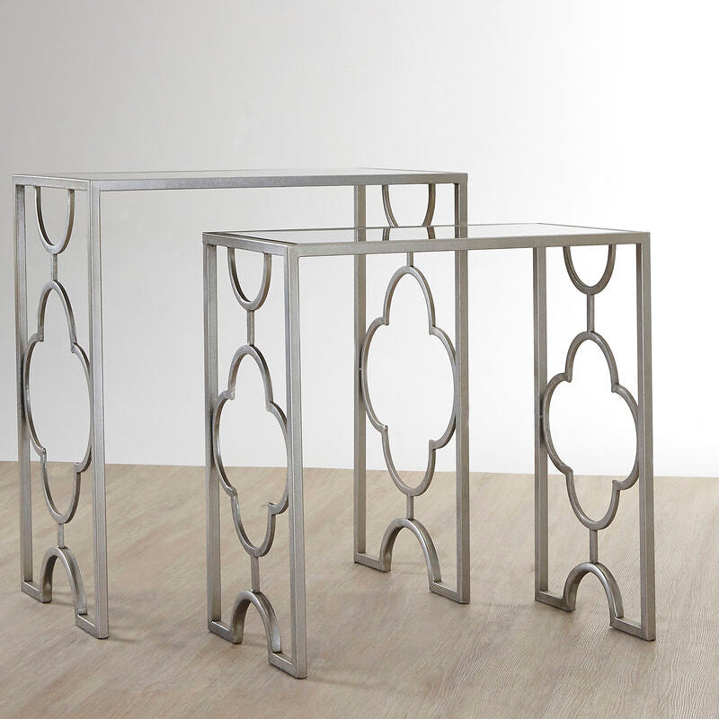 Set Of 2 Tempered Glass Top Side Table With Silver Leaf Base, Merlin