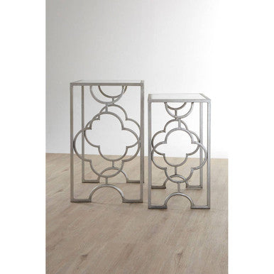 Set Of 2 Tempered Glass Top Side Table With Silver Leaf Base, Merlin