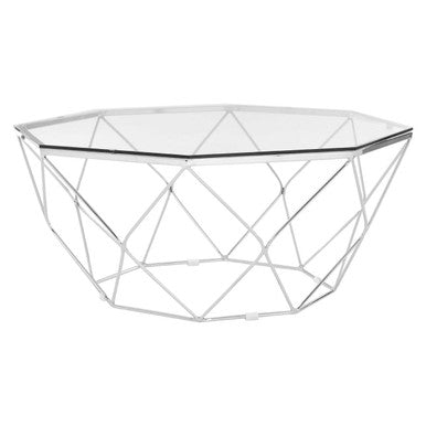 Hexagon Tempered Glass Top Coffee Table With Silver Chrome Geometric Base, Allure