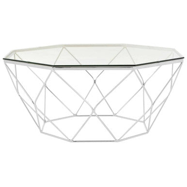 Hexagon Tempered Glass Top Coffee Table With Silver Chrome Geometric Base, Allure