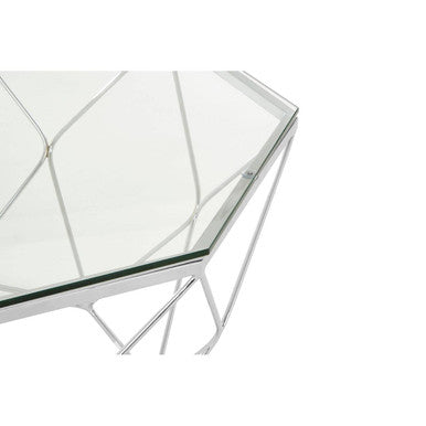 Hexagon Tempered Glass Top Coffee Table With Silver Chrome Geometric Base, Allure