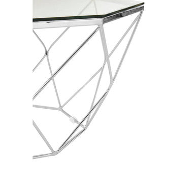 Hexagon Tempered Glass Top Coffee Table With Silver Chrome Geometric Base, Allure