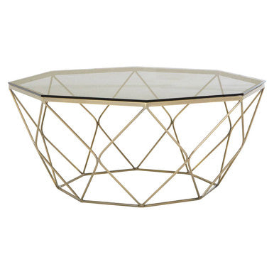 Hexagon Tempered Glass Top Coffee Table With Gold Brushed Nickel Base, Allure