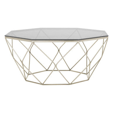 Hexagon Tempered Glass Top Coffee Table With Gold Brushed Nickel Base, Allure