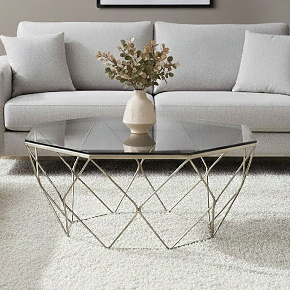 Hexagon Tempered Glass Top Coffee Table With Gold Brushed Nickel Base, Allure