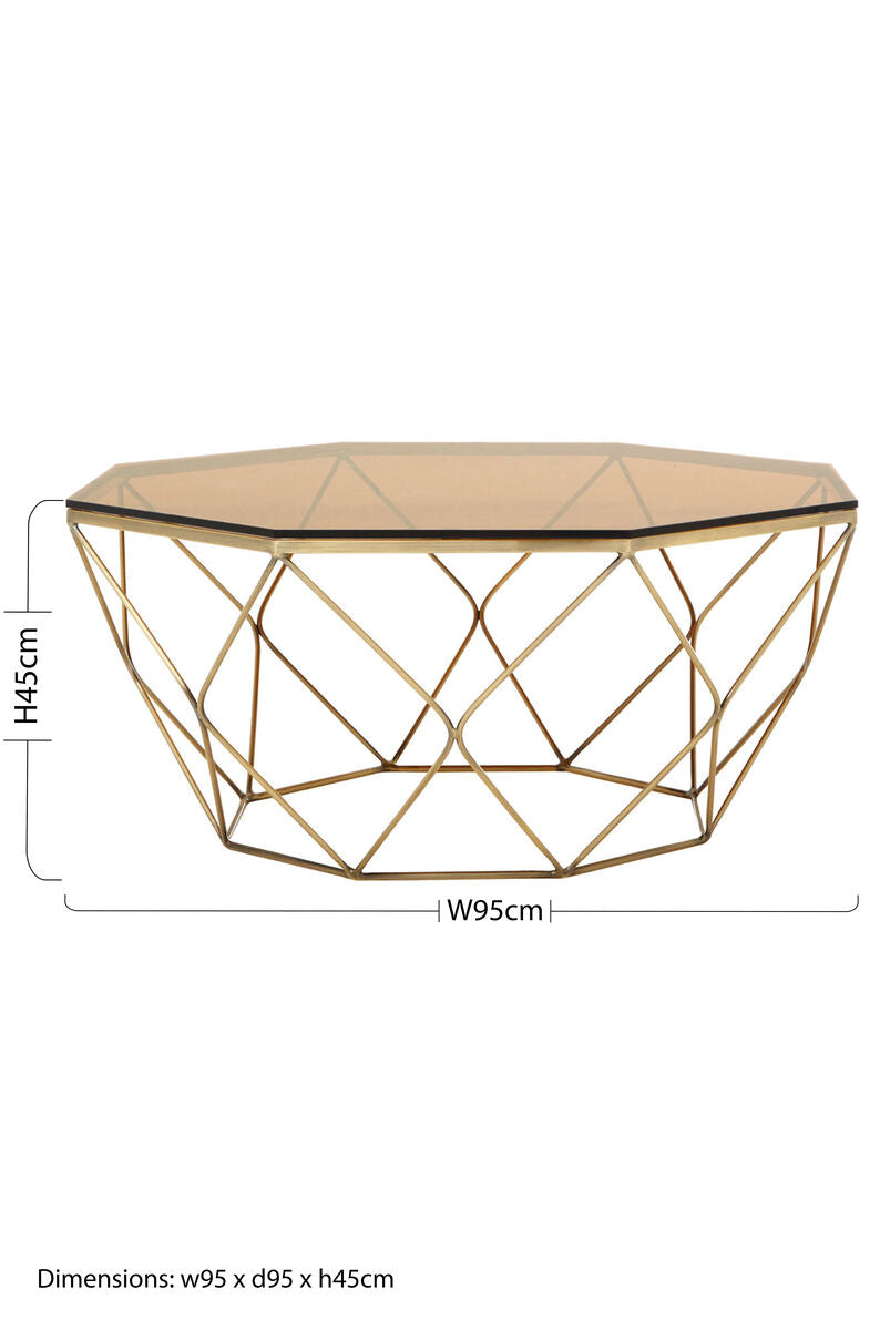Brown Brushed Bronze Diamond Base Coffee Table With Amber Glass Top, Allure